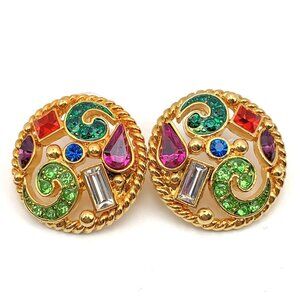 Haskell round gold tone and all colors rhinestones open work post back earrings